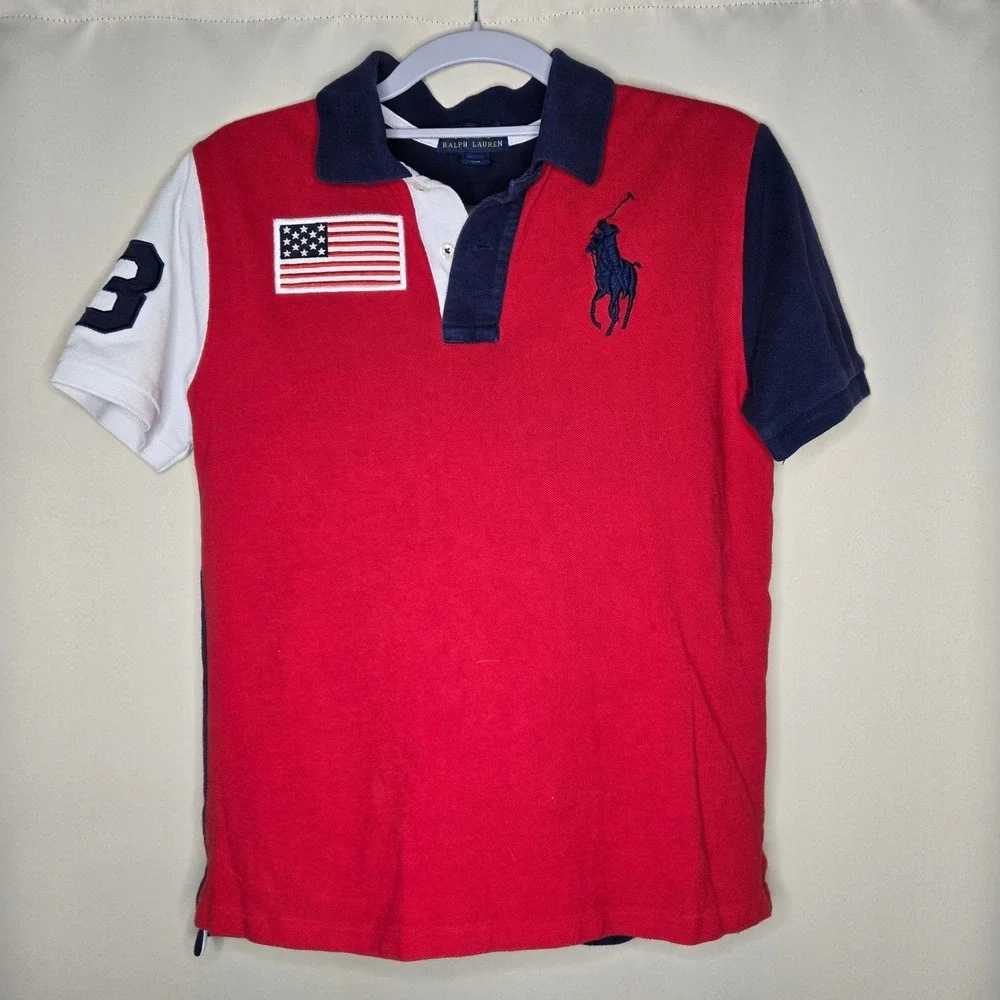 Ralph Lauren Polo Shirt Kids Boys M (10-12) American Flag Patch Colorblock
